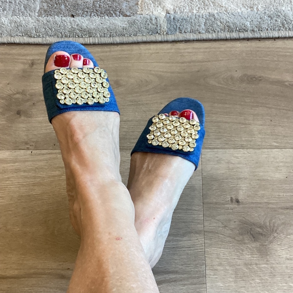 Kate Spade New York Mazie Denim Italian Leather Slide Sandals Womens Sz 6.5 NEW - Picture 2 of 10